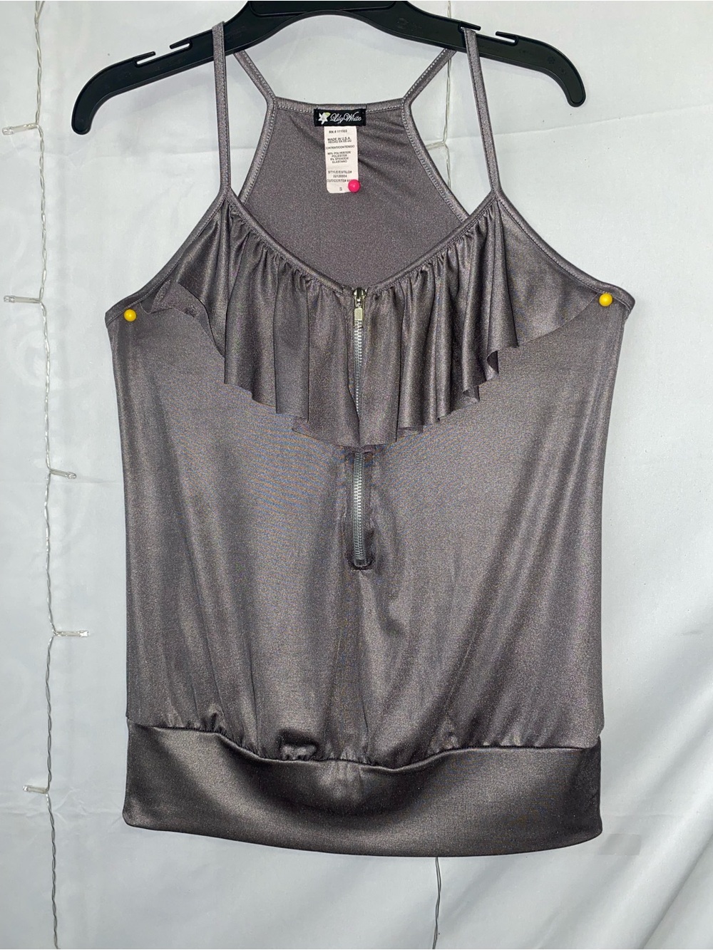 Lily White Metallic Charcoal Ruffle-Trim Zip Front Tank
